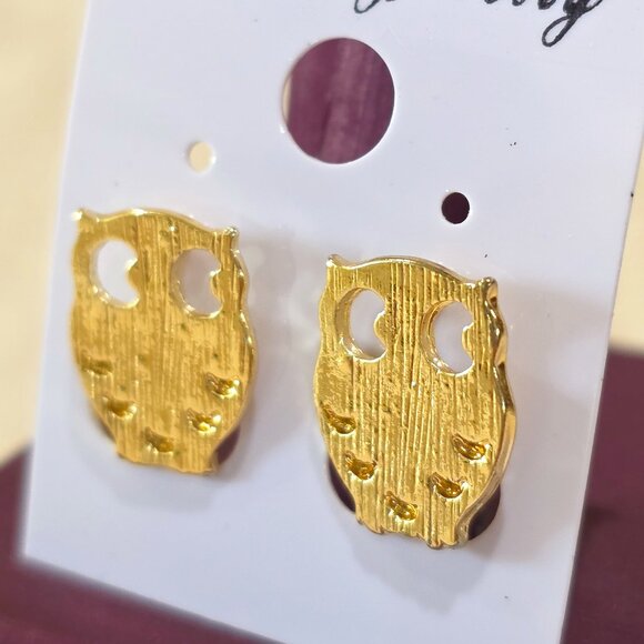 NOC Small Gold Finish OWL Textured Stud Pierced Earrings - Picture 1 of 5